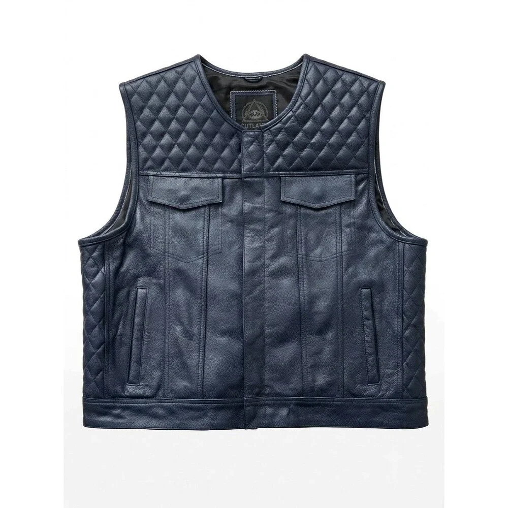 Cuttlanes Mens 3XL Navy Blue Leather Diamond Quilted Biker Motorcycle Vest CCW
